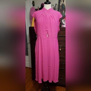 Women's Magenta Pleated Neck Midi Dress